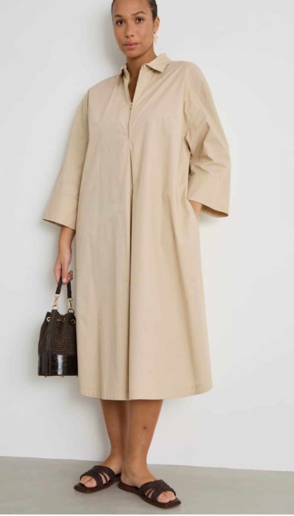 Light tan cotton poplin Shirt style Dress , loose fit with Side pockets. Size Small but a bit oversi