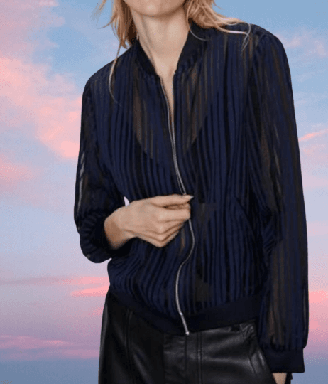 Navy and black semi sheer striped bomber jacket.  - Image 2