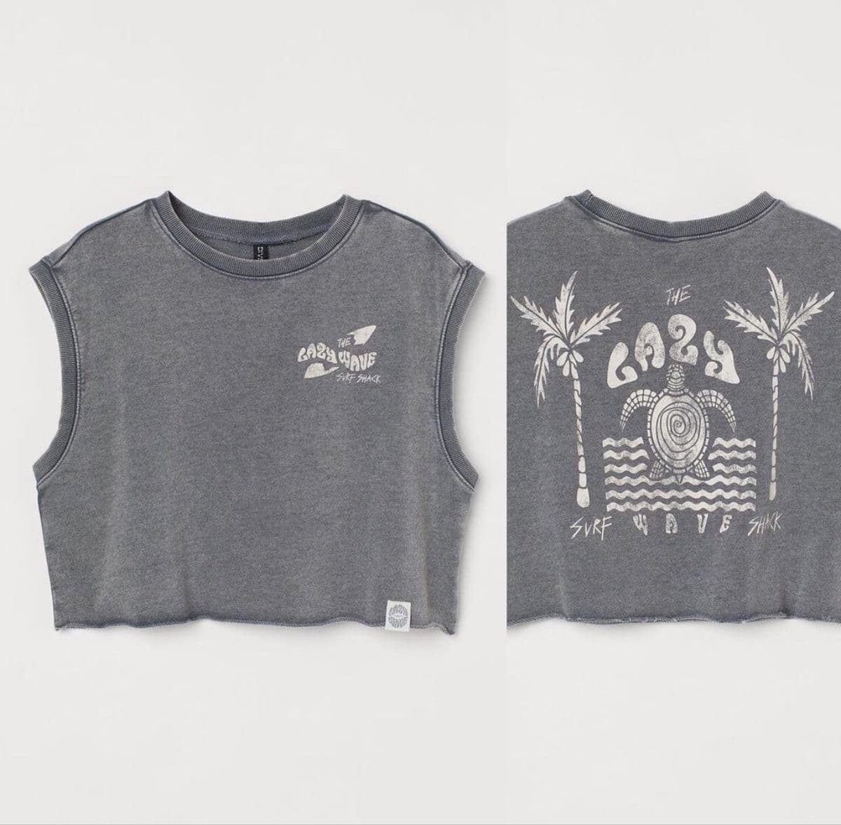 Grey crop tank,  surf print in white in a cotton track fabric. Matching longer length shorts - Image 2