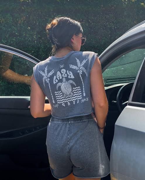 Grey crop tank,  surf print in white in a cotton track fabric. Matching longer length shorts