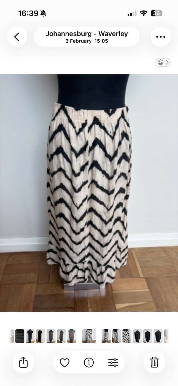 Cream and blk printed maxi skirt with an Elasticated waistband by a s African woman’s brand .  - Image 2