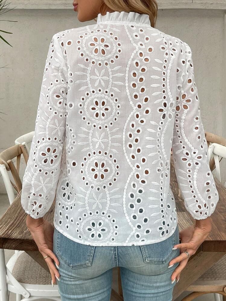 White Cutwork anglaise Blouse with baby buttons and slight puff shoulder . Size M  - Image 2