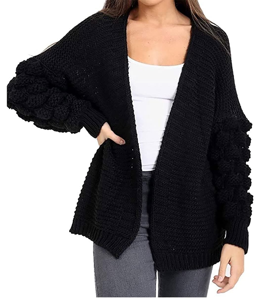 Black bobble sleeve open knit cardigan. Free size  - Nicci boutique - Size M - Preloved Fashion