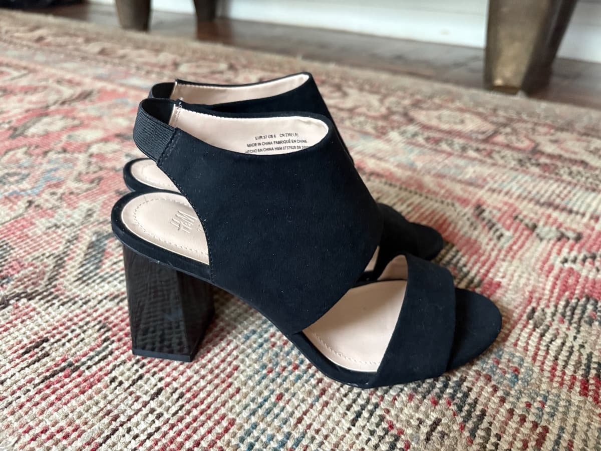 Black faux suede block heels sandals with an Elasticated thick ankle strap  - Image 4