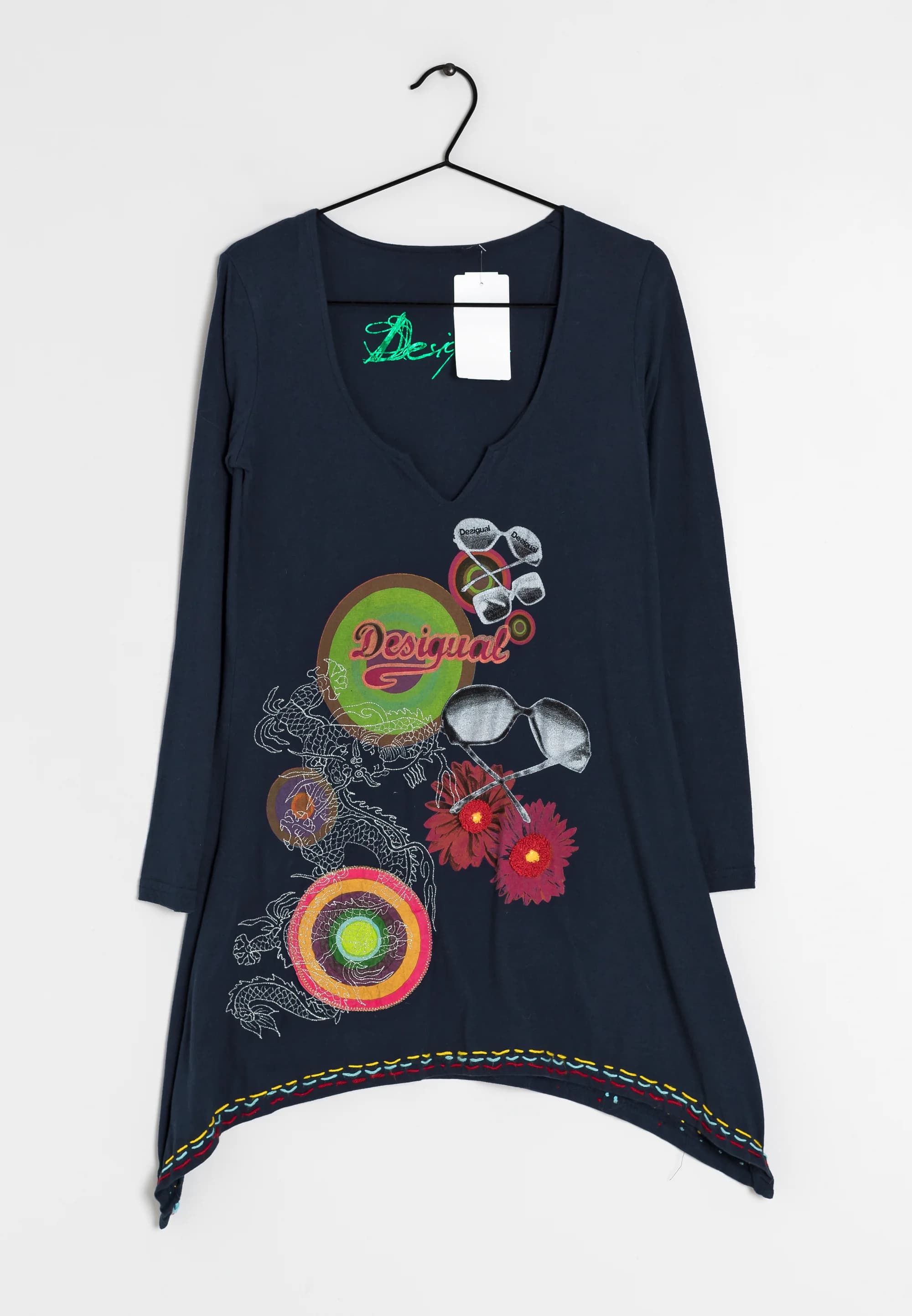 Navy floral notch neck tunic top with bright floral detailing . Asymmetrical hem. 100 per cotton.  - Desigual - Preloved Fashion