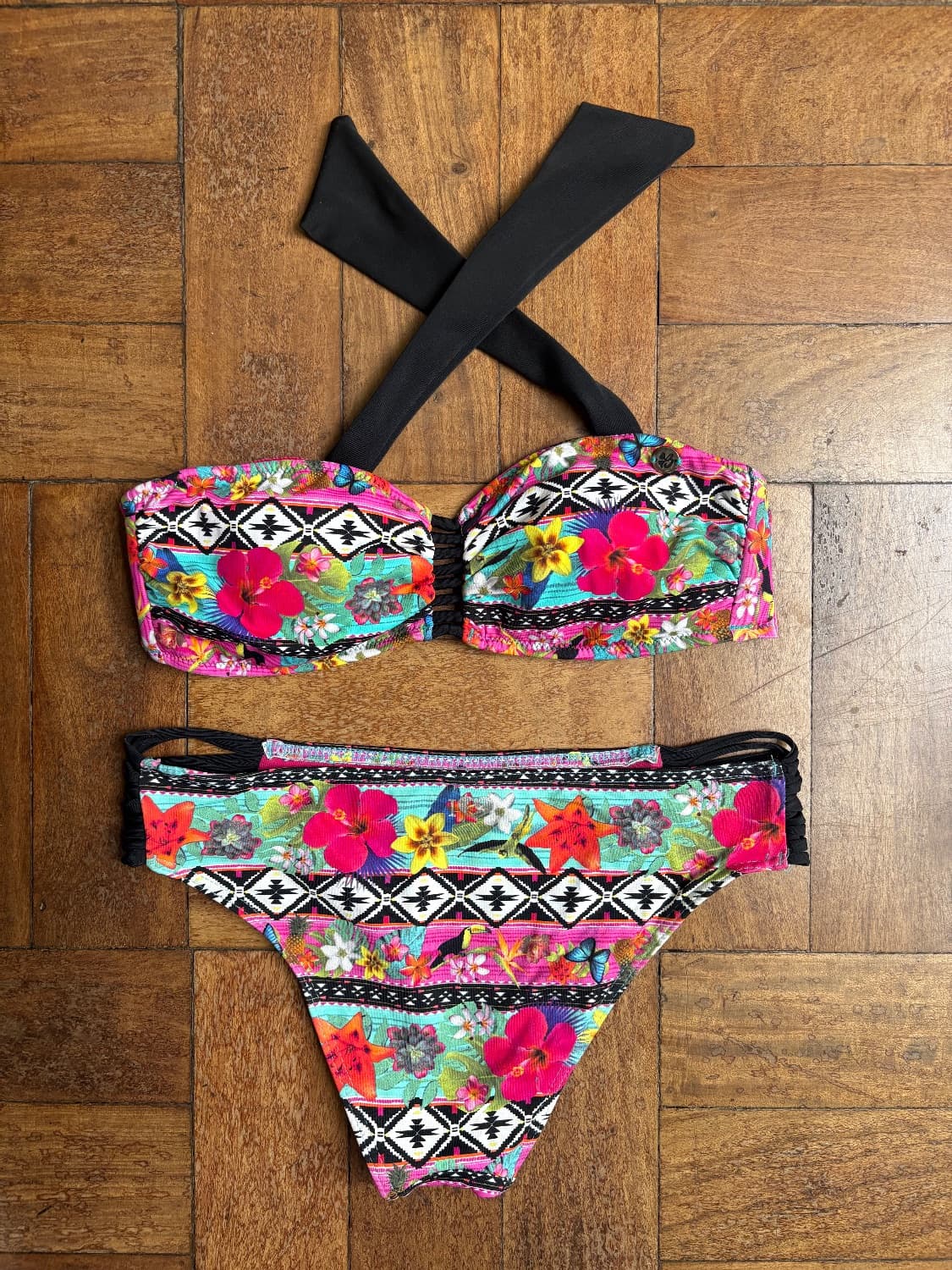 Banana moon bright bikini with a bandeau tie top and the bottoms have spaghetti side straps  - Image 2