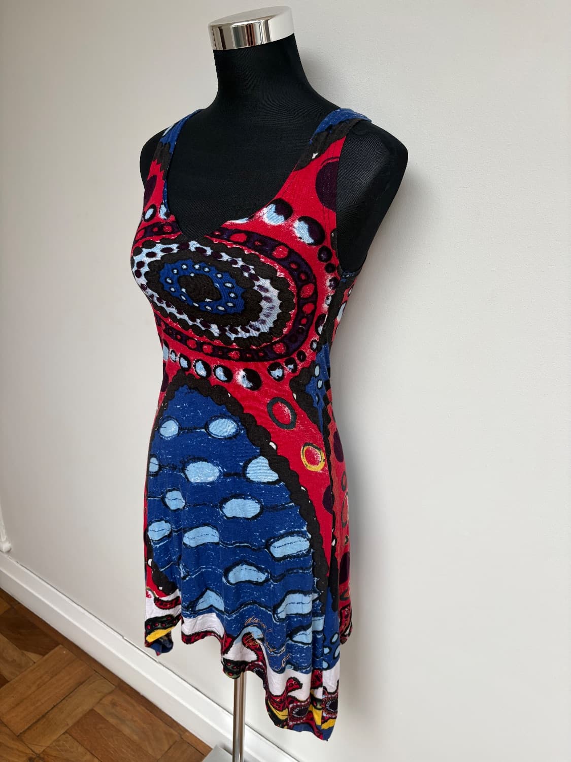 Collab between DESIGUAL and cirque de soleil. Navy and Red notch neck dress/ tunic. Asymmetric hem.  - Image 2