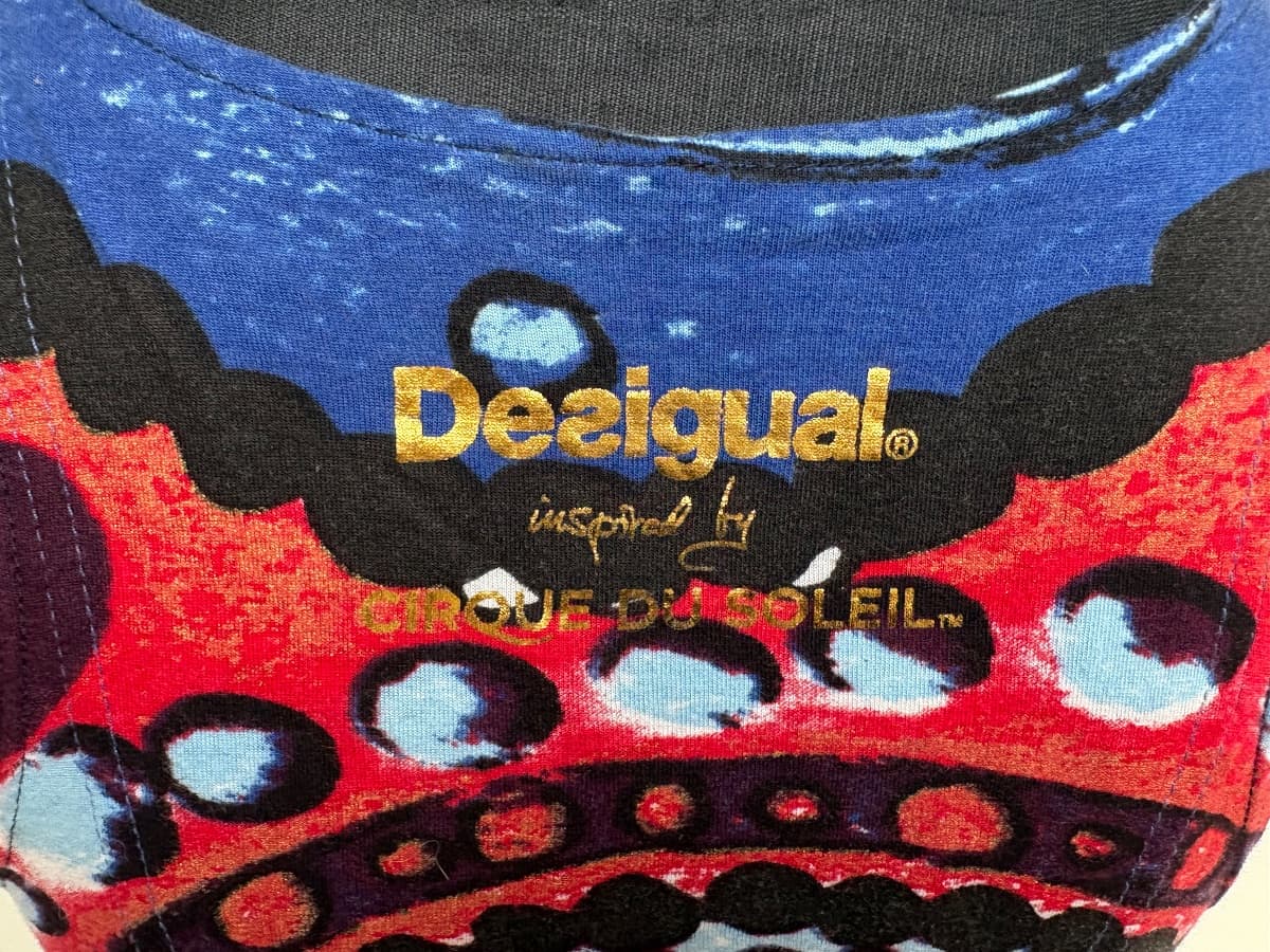 Collab between DESIGUAL and cirque de soleil. Navy and Red notch neck dress/ tunic. Asymmetric hem.  - Image 4
