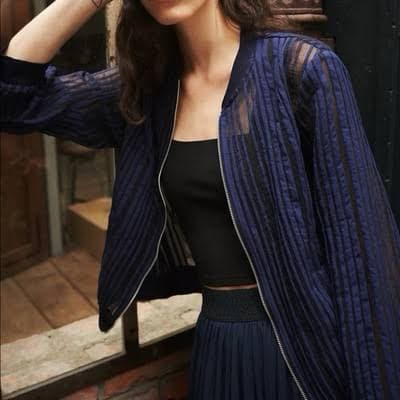 Navy and black semi sheer striped bomber jacket. - Image 3