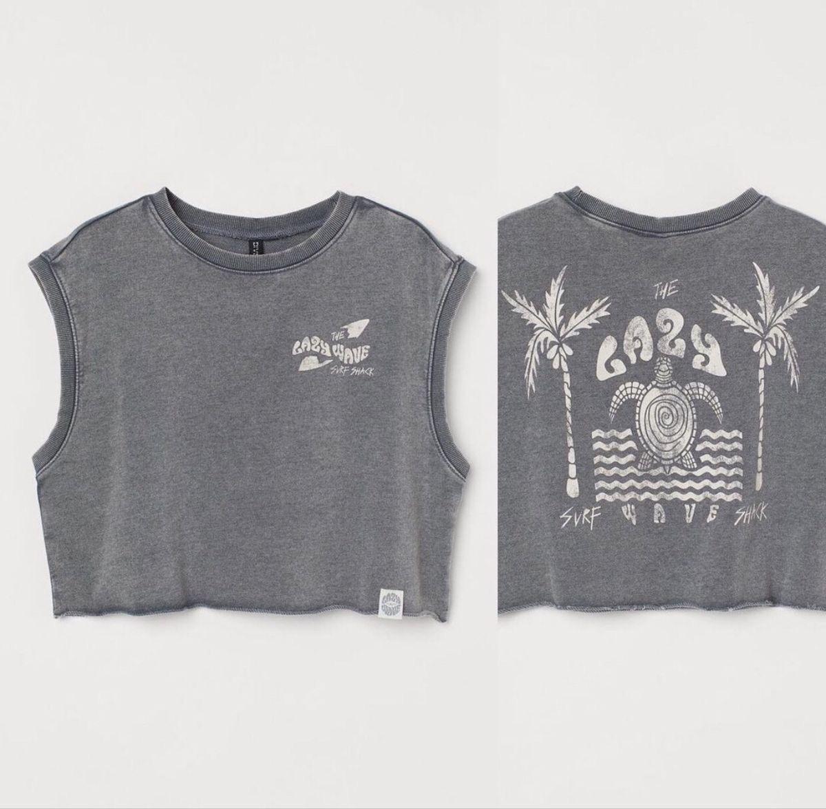 Grey crop tank, surf print in white in a cotton track fabric. Matching longer length shorts - Image 2