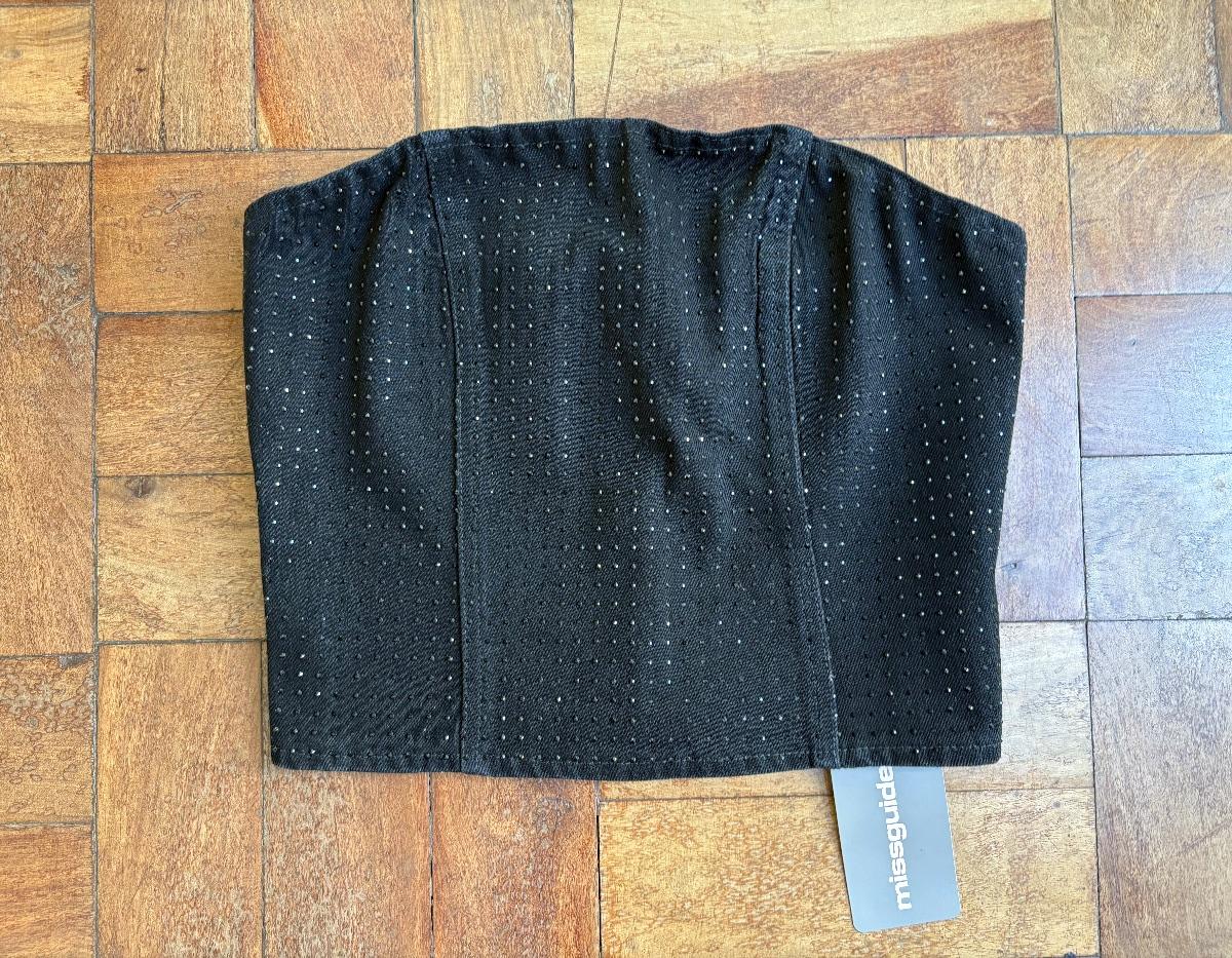 Black embellished denim boob tube with a back zip. Tags attached . Size XS - Image 4