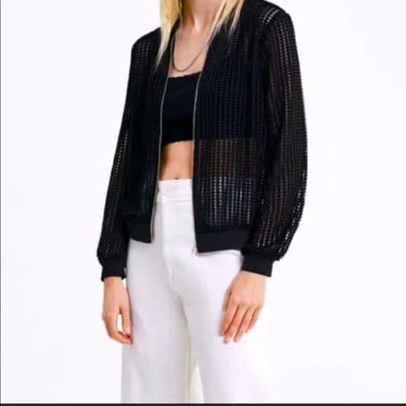 Black soft slightly shiny mesh bomber jacket. - Image 2