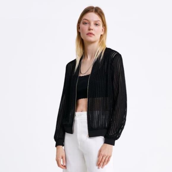Black soft slightly shiny mesh bomber jacket. - Image 3