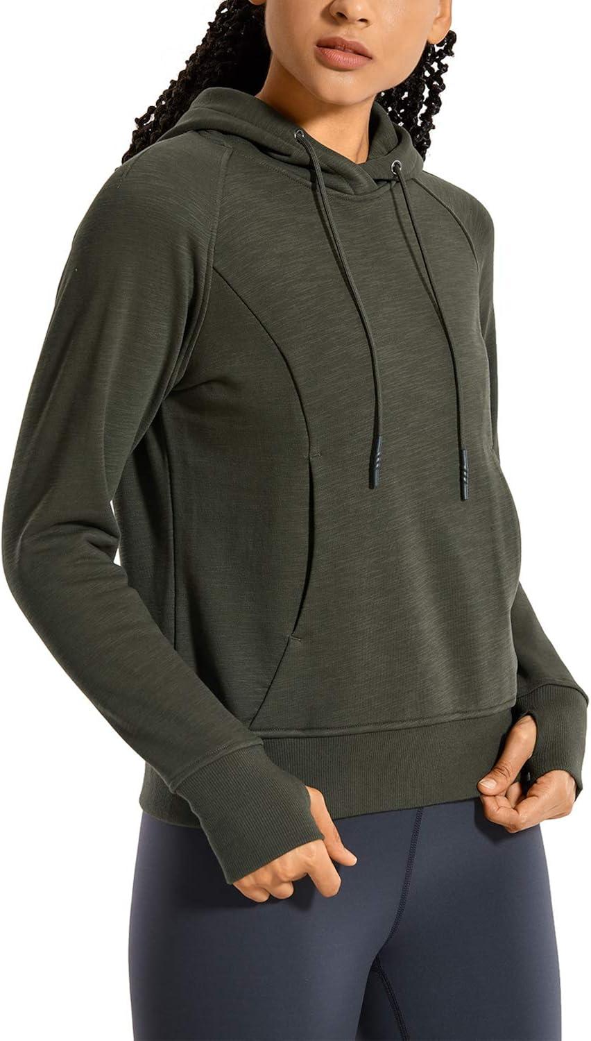 Khaki /olive green hoody with kangaroo pockets by brand crz yoga which is compared to Lululemon 