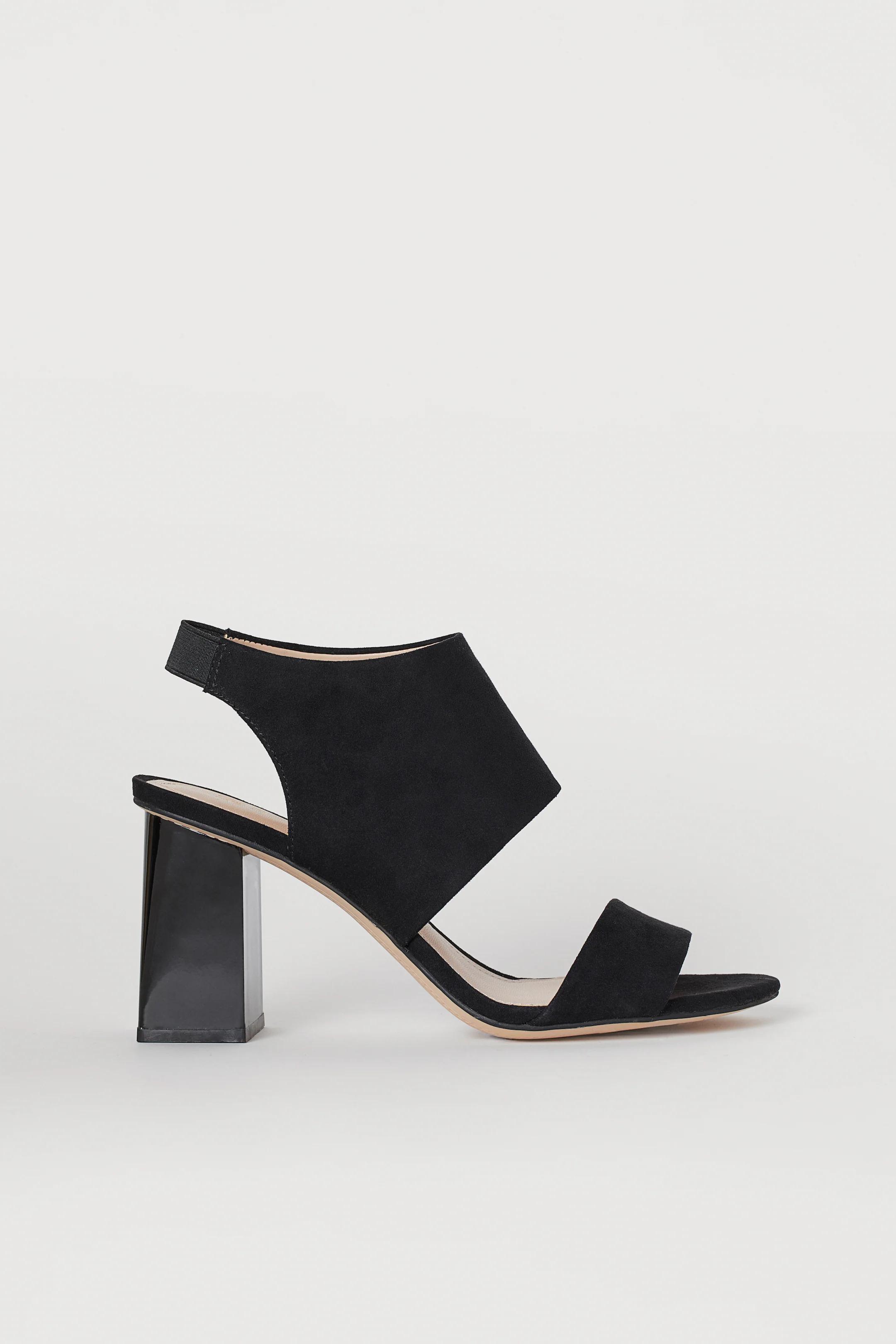 Black faux suede block heels sandals with an Elasticated thick ankle strap 