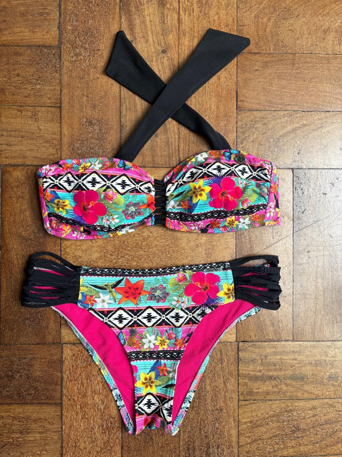 Banana moon bright bikini with a bandeau tie top and the bottoms have spaghetti side straps 