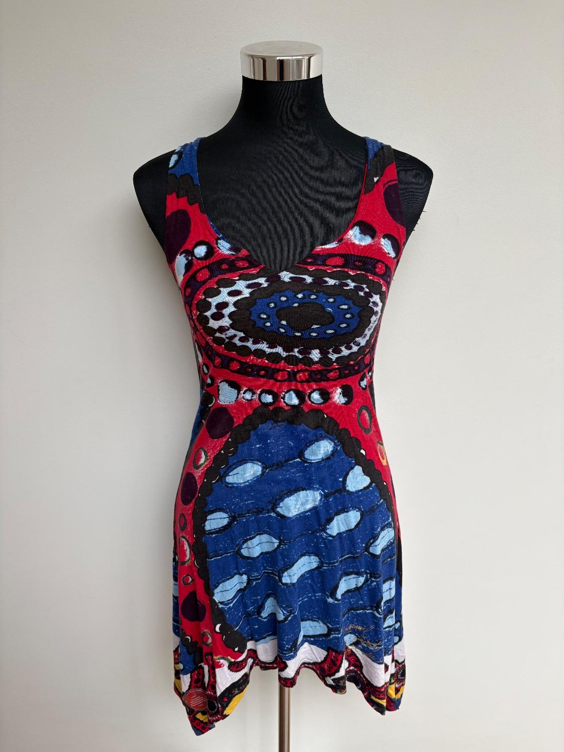 Collab between DESIGUAL and cirque de soleil. Navy and Red notch neck dress/ tunic. Asymmetric hem. 