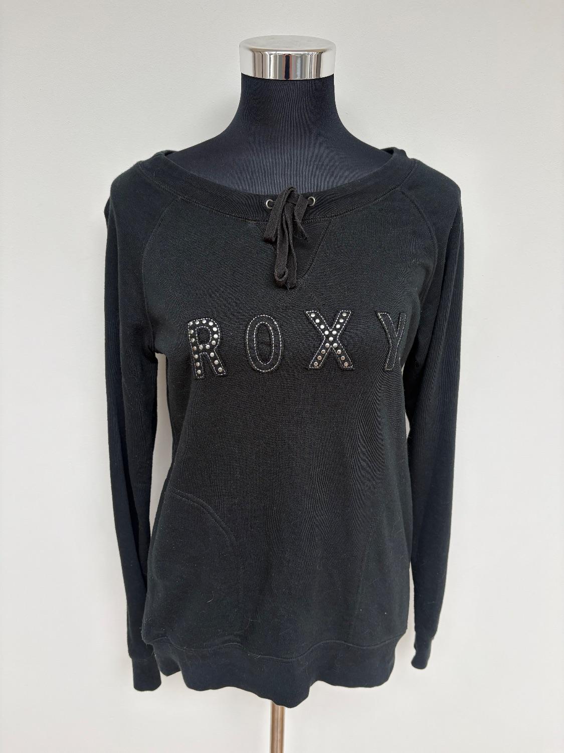 Black Roxy sweater with studded branding. Tie neck detail. Made from poly/ cotton